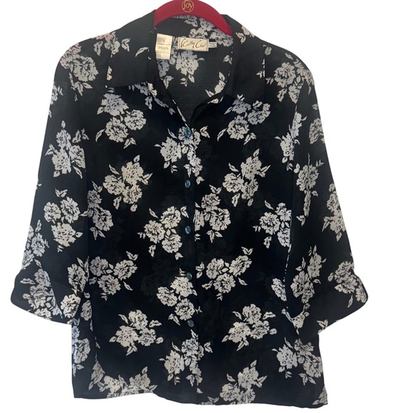 Kathy Che Tops - Vintage Kathy Che Black White Floral Print Button Up Shirt Blouse Top Size S